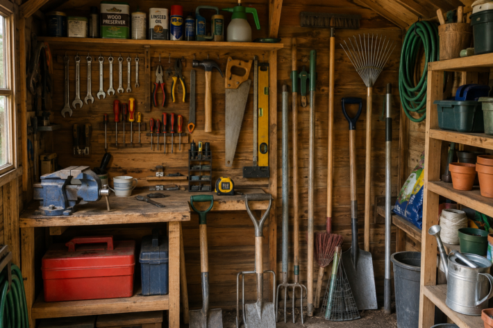 AI Image of typical tools in a British tool-shed