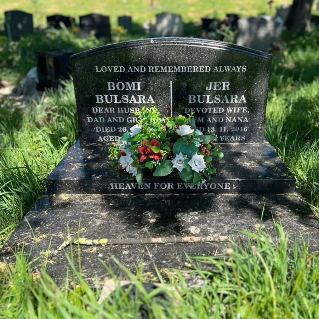 Memorial to Bomi and Jer Bulsara at Carlton Cemetery in Nottingham.