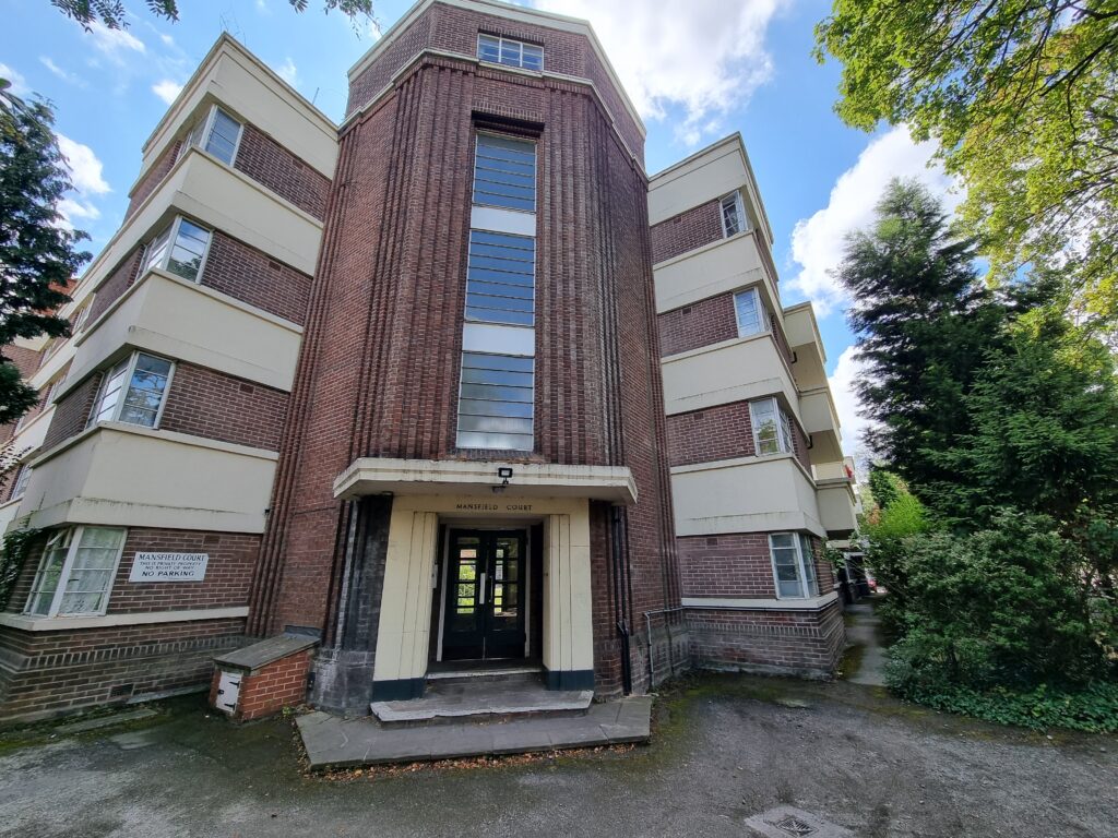 The entrance to Mansfield Court the art-deco apartment block in Mapperley Park Nottingham