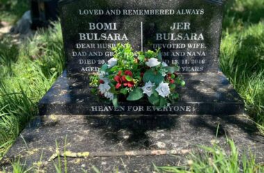 The memorial headstone of Jer and Bomi Bulsara at Carlton Cemetery in Nottingham