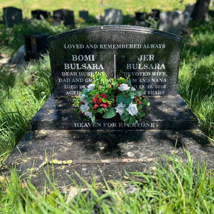 The memorial headstone of Jer and Bomi Bulsara at Carlton Cemetery in Nottingham