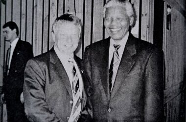 John Elliott meeting Nelson Mandela in 1993, two years before the Rugby World Cup in South Africa.